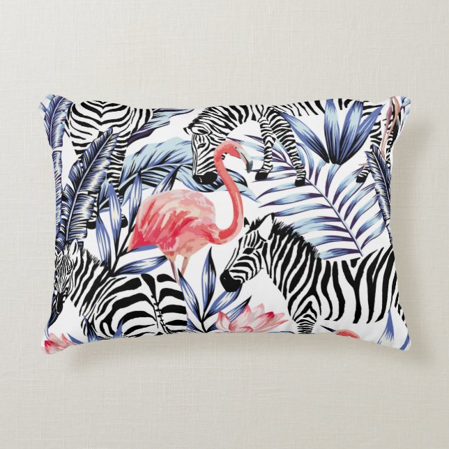 Almofada Decorativa Flamingo rosa exótico, zebra ao fundo no verão b (Frente)