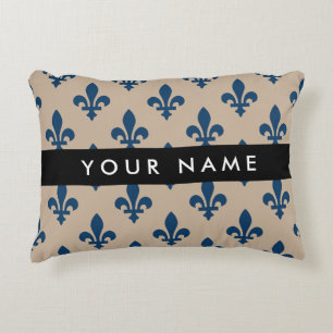 Almofada Decorativa Fleur de Lis, Azul Marinho em Bege, Real, Seu Nome