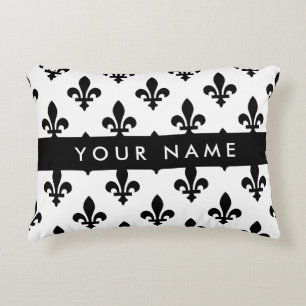 Almofada Decorativa Flor de Lis, Preto sobre Branco, Preto, Seu Nome