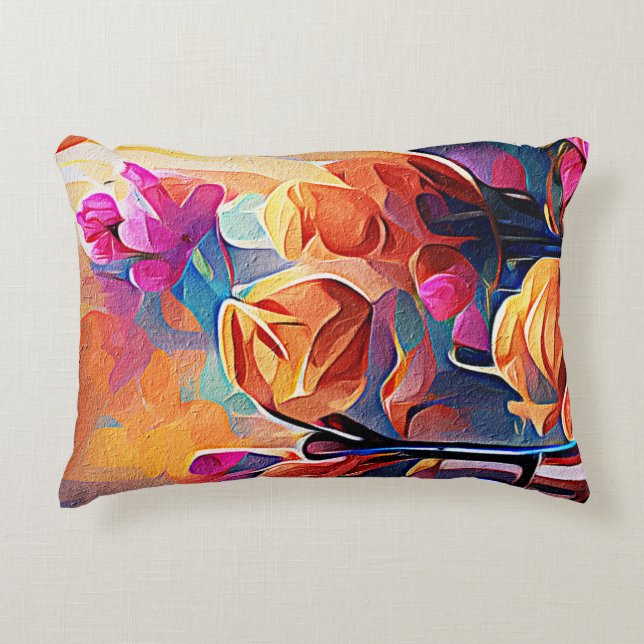 Almofada Decorativa Floral Abstrato Art Laranja Vermelho Azul Flores (Frente)