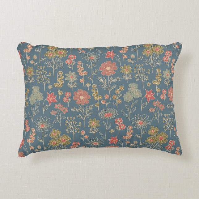 Almofada Decorativa Floral Azul e Coral Moderno Denim (Frente)