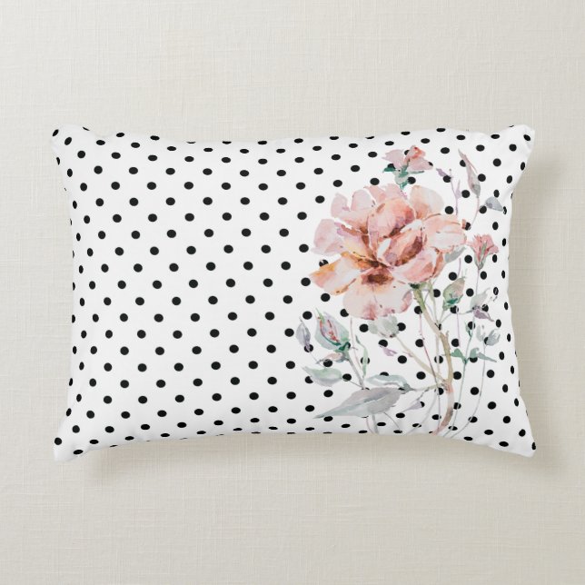 Almofada Decorativa Floral Rosa-d-água nos Polkadots Pretos (Frente)