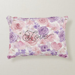 Almofada Decorativa Flores Corações Rosa Roxo Bege