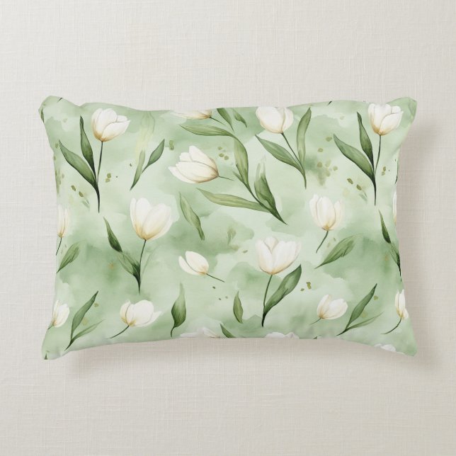 Almofada Decorativa Flores de Tulipa Brancas Verdes (Frente)