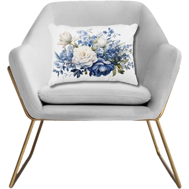 Almofada Decorativa Flores Florais Azuis Brancas Elegantes Aquarela  (Blue White Floral Flowers Watercolor Accent Pillow. Lumbar Rectangular Pillow. Bedroom Pillow)