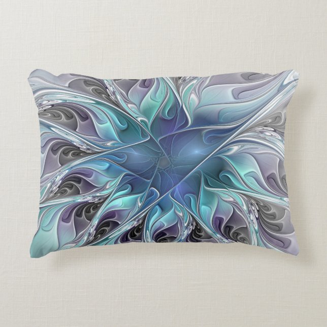 Almofada Decorativa Flourar Abstrato Moderno Flor Fractal Com Azul (Frente)