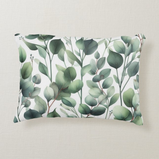 Almofada Decorativa Folhas Clássicas de Eucalipto Verde sobre Branco  (Verso)