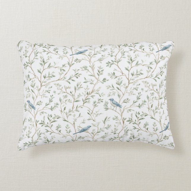 Almofada Decorativa Folhas de Pássaros Azuis Brancos Românticos (Frente)