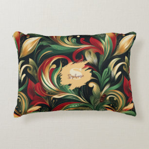 Almofada Decorativa Folhas Elegante Vermelhas, Verdes e Douradas de Fo