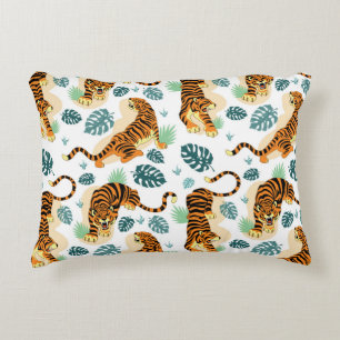 Almofada Decorativa Folhas Tropicais de Tigres: Ilustração Vintage.