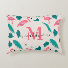 Almofada Decorativa Folhas Tropicais Flamingo Rosa Quente Monograma Mo