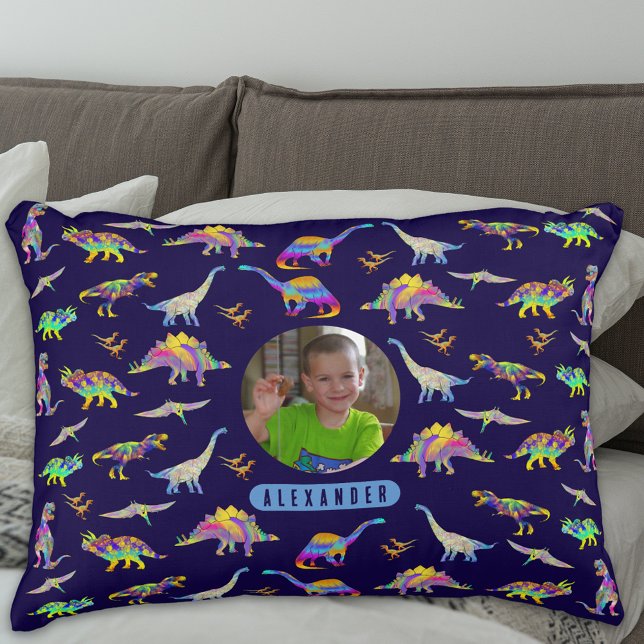 Almofada Decorativa Foto e nome do Dinossaur Personalizado Boys (Colorful dinosaur pattern personalized boys name and photo navy blue pillow T-Rex Velociraptor dinos)