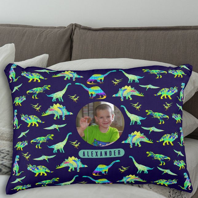 Almofada Decorativa Foto e nome do Dinossaur Personalizado Boys (Colorful dinosaur pattern personalized name and photo boys navy blue and green pillow)