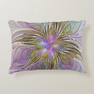 Almofada Decorativa Fractal Abstrato Colorida Floral, Rosa E Dourada