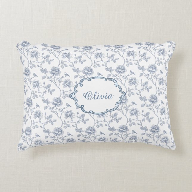 Almofada Decorativa French Blue Toile Chinoiserie Floral Girls Name (Frente)