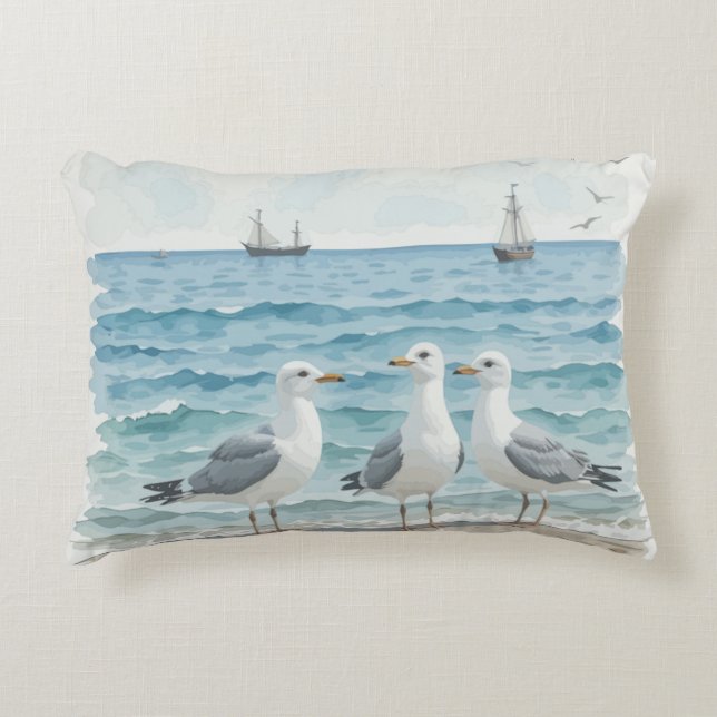 Almofada Decorativa Gaivotas de Cana-d'água no Oceano Costeiro de Prai (Frente)