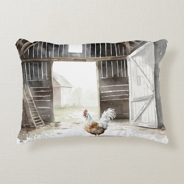Almofada Decorativa Galo de Fazenda de Aquarela em um Pano (Frente)