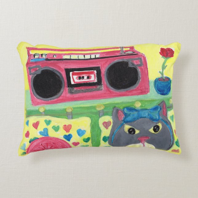 Almofada Decorativa Gatinho bonito na pintura de arte popular de quart (Frente)