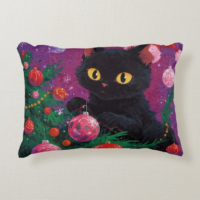 Almofada Decorativa Gatinho Preto e Árvore de Natal (Frente)