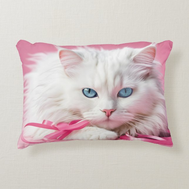 Almofada Decorativa Gato Branco Com Fitas Rosa (Frente)