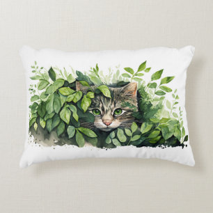 Almofada Decorativa Gato Em Folhas Verdes
