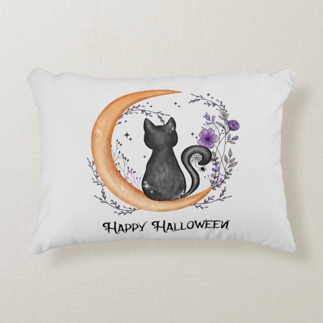 Almofada Decorativa Gato Negro e Lua Crescente para Feliz Halloween (Frente)