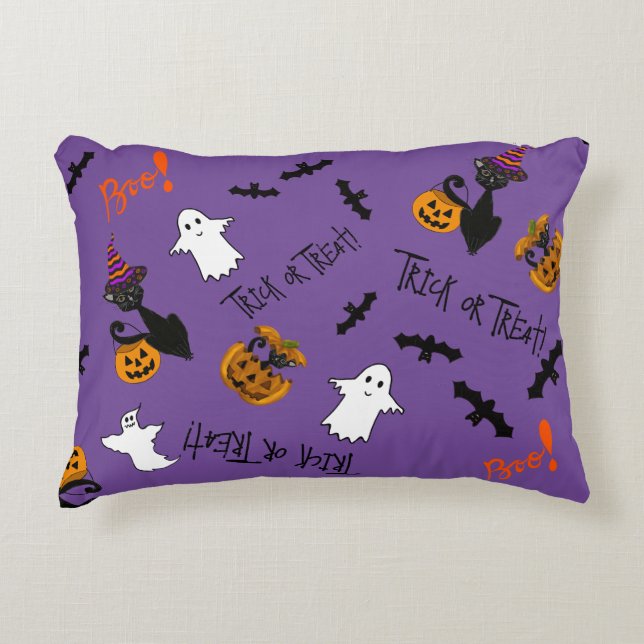 Almofada Decorativa Gatos, Morcegos e Fantasmas do Halloween (Frente)