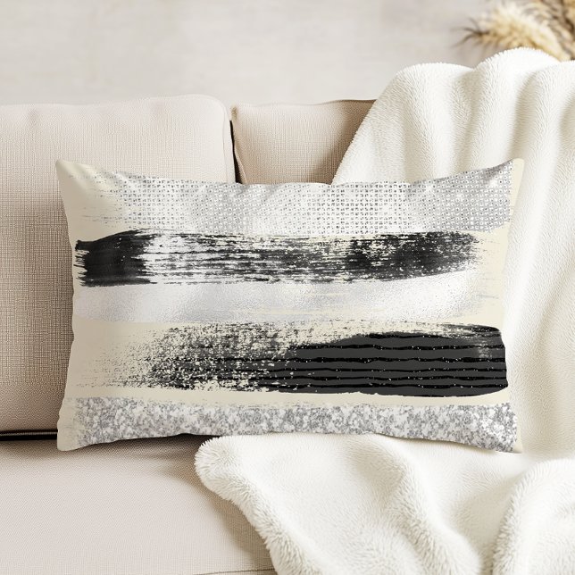 Almofada Decorativa Glam Silver Black White Brushstrokes Ecru (Criador carregado)