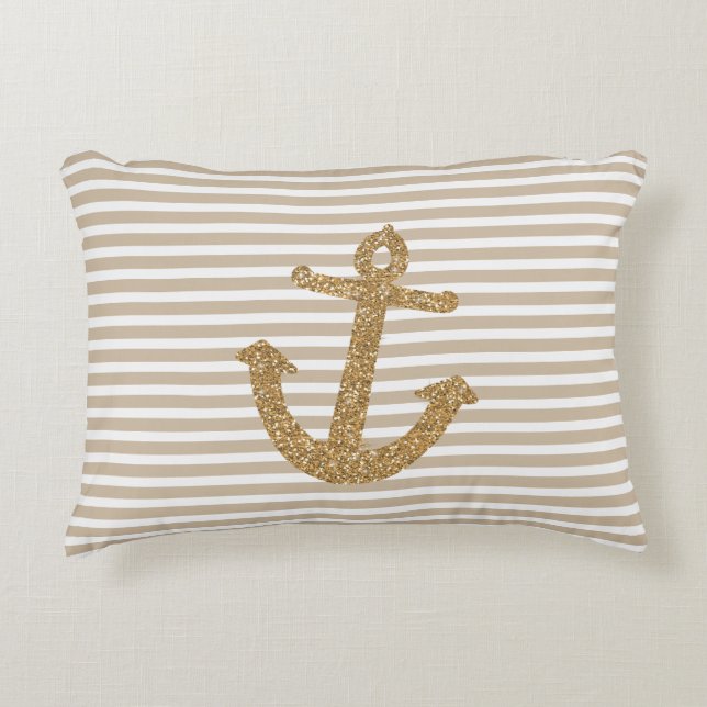 Almofada Decorativa Gold Stripes Nautical Anchor (Frente)