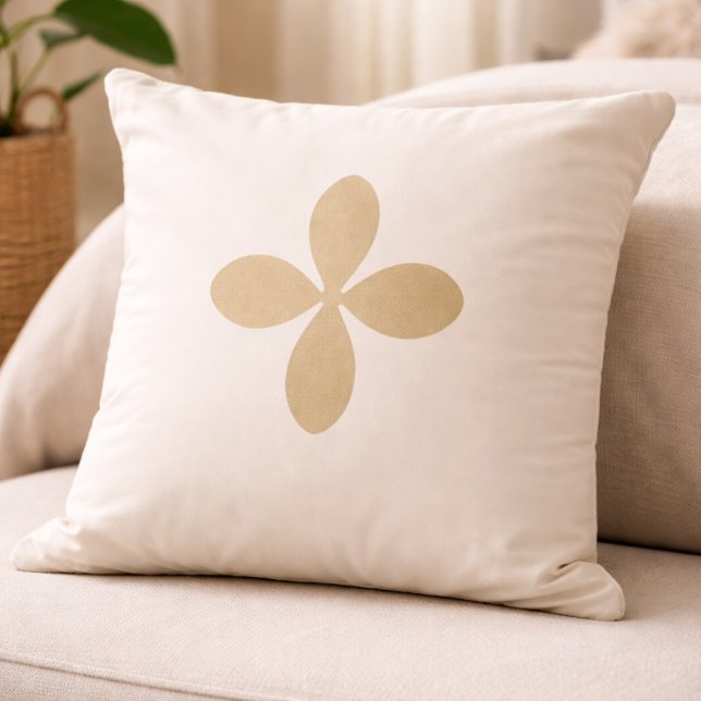 Almofada Decorativa Golden Folk Bloom (Muted gold floral icon centered on off-white for calm, nature inspired home layering.)