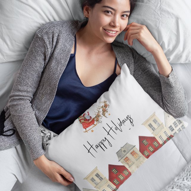 Almofada Decorativa Grátis e tradicionais papais noeis de Natal (fun and festive christmas pillow , with santa and reindeers flying, modern stylish watercolor,
)