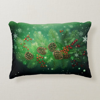 Almofada Decorativa Guirlanda de Natal Pinheiro e Azevinho com Neve Ca