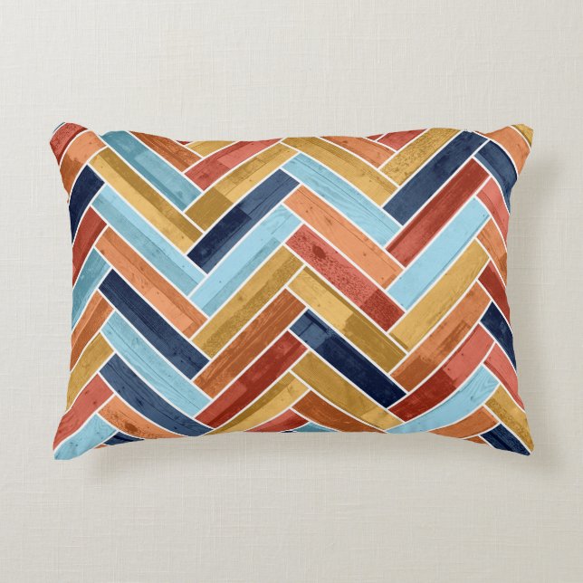 Almofada Decorativa Herringbone Pattern Blue Yellow Orange Red (Frente)