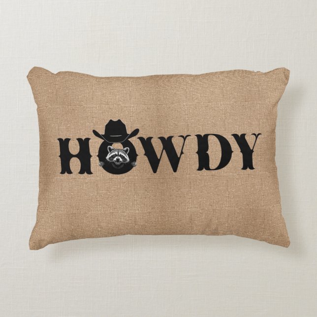 Almofada Decorativa Howdy Raccoon Cowboy Hat Rustic (Frente)