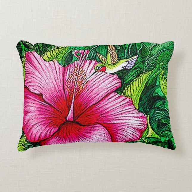 Almofada Decorativa Hummingbird Hibiscus Watercolor Painting (Frente)
