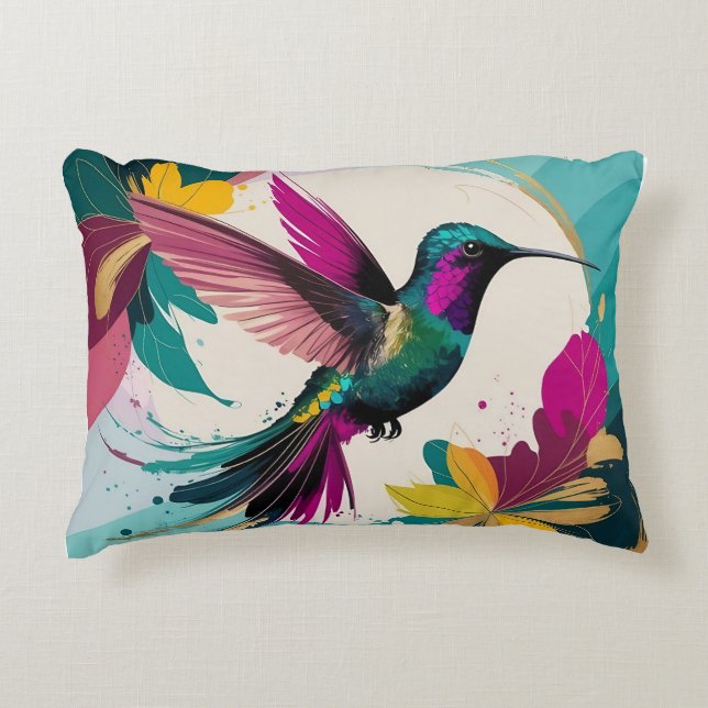 Almofada Decorativa Hummingbird vibrante no voo: Um Abstrato tropical (Frente)