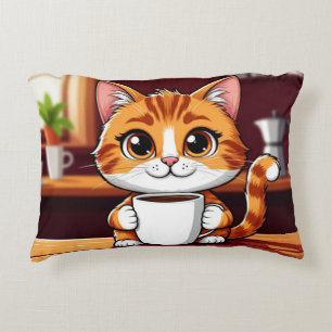 Almofada Decorativa Ilustração de gato malhado laranja fofo com xícara