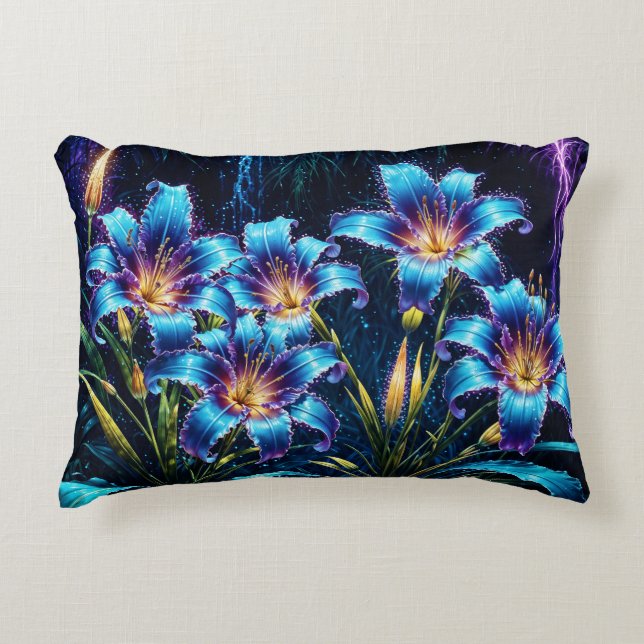 Almofada Decorativa Ilustração do jardim noturno de flores bioluminesc (Frente)