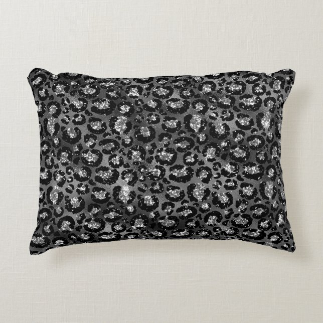 Almofada Decorativa Impressão de Leopardo Preto e Cinza Prata (Frente)