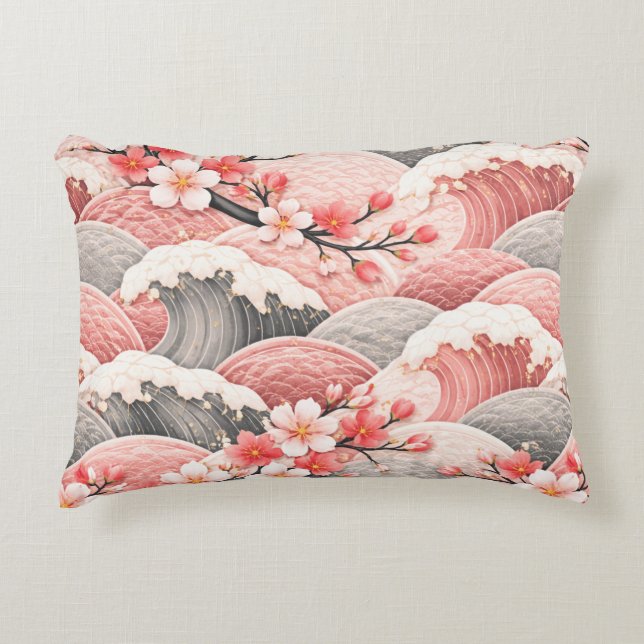Almofada Decorativa Japanese Wave Cherry Blossom Pattern Pink Coral  (Frente)