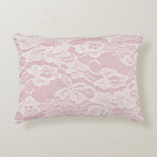 Almofada Decorativa Lace branco sobre a textura de linho cor-de-rosa P