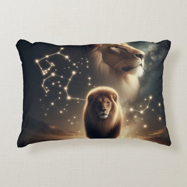 Almofada Decorativa Leo Zodiac Art - Leão Majestoso e Constelação. (Frente)