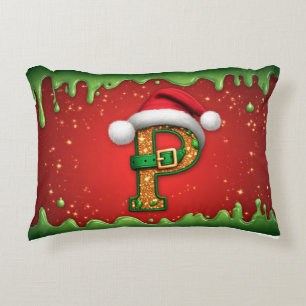 Almofada Decorativa Letra P de Monograma de Natal com Chapéu de Papai 
