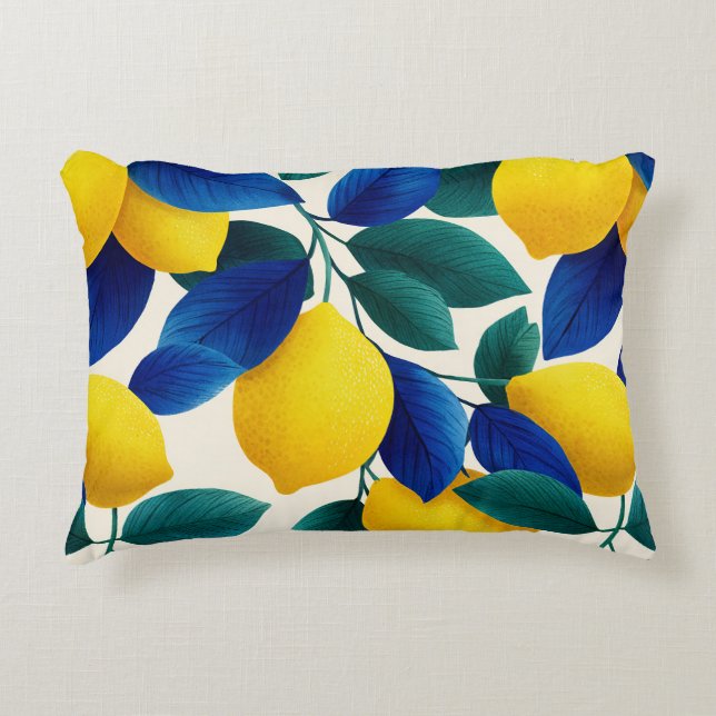 Almofada Decorativa Limão Vibrante e Folhas Azuis Padrão de Aquarela (Frente)