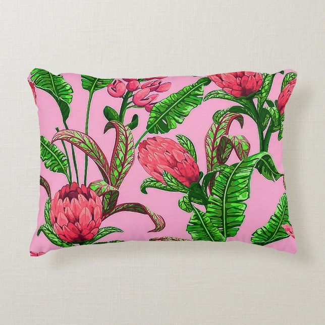 Almofada Decorativa Lindas Folhas Verdes Tropicais com Flores Vermelha (Frente)