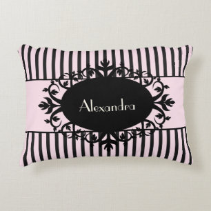 Almofada Decorativa Listra parisiense ornamentado preta e cor-de-rosa