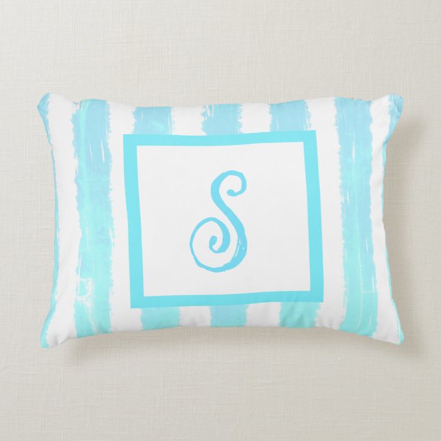 Almofada Decorativa Listras Geométricas de Aquarela Azul Monograma  (Frente)