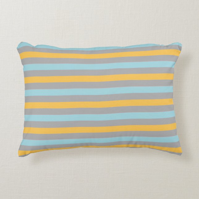 Almofada Decorativa Listras Horizontais Turquesa, Cinza e Amarelo (Frente)