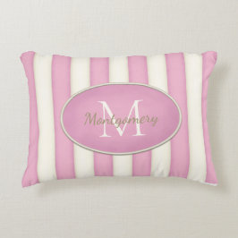 Almofada Decorativa Listras Rosa e Creme em Moldura Oval Monograma