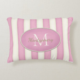 Almofada Decorativa Listras Rosa e Creme em Moldura Oval Monograma